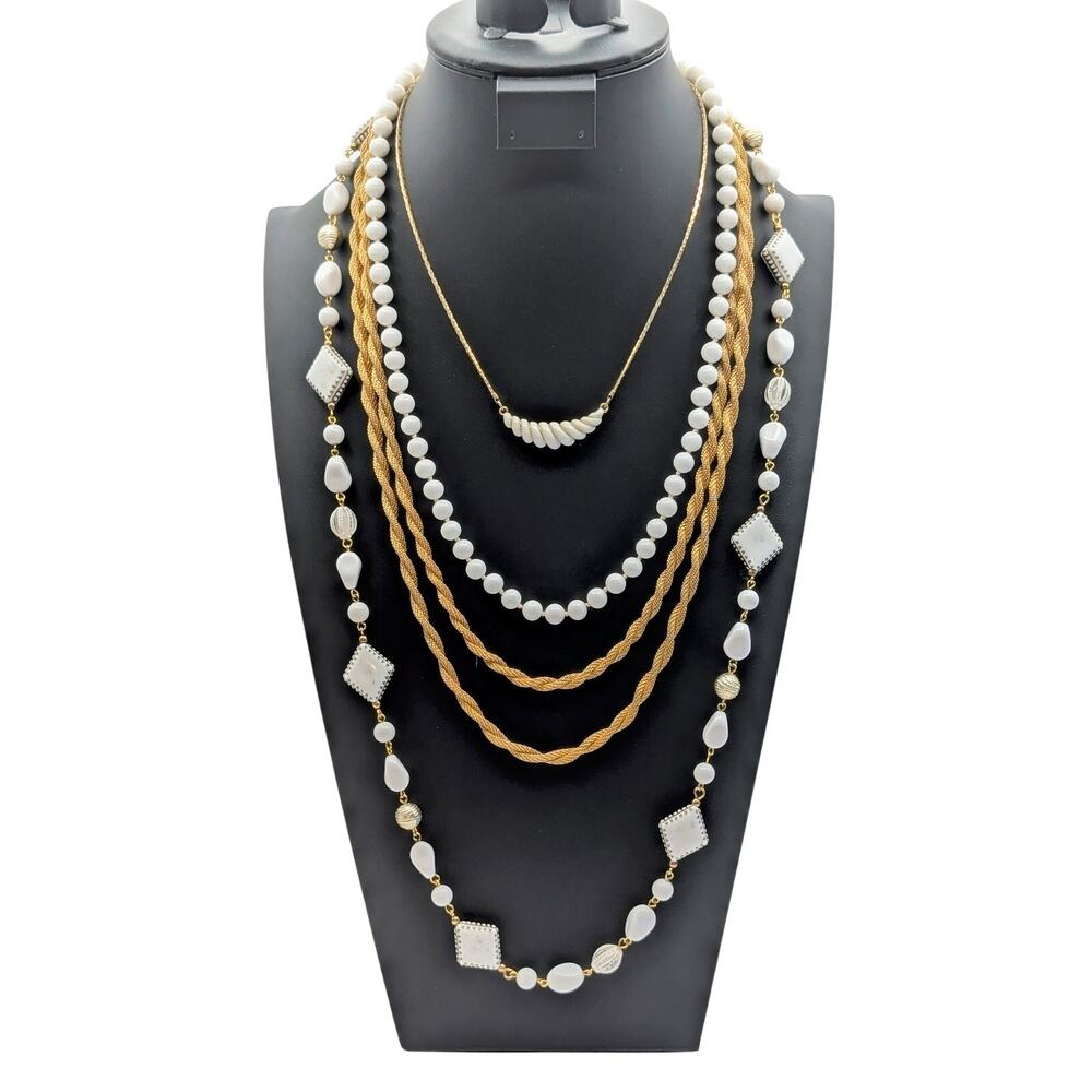 Vintage White & Gold Layered Necklace Jewelry Lot